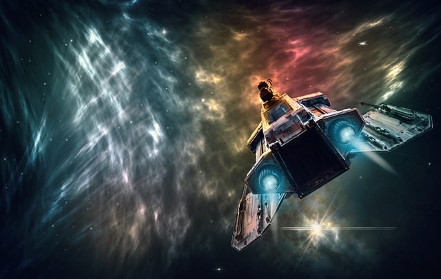 Spaceship flying through a nebula in a sci-fi movie.