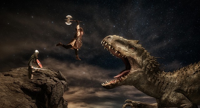 A knight battling a dragon in an epic fantasy sequence.