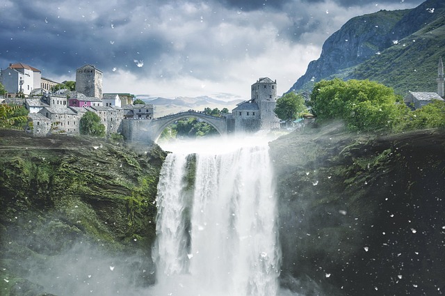 Enchanted castle surrounded by magical mist from a fantasy film.